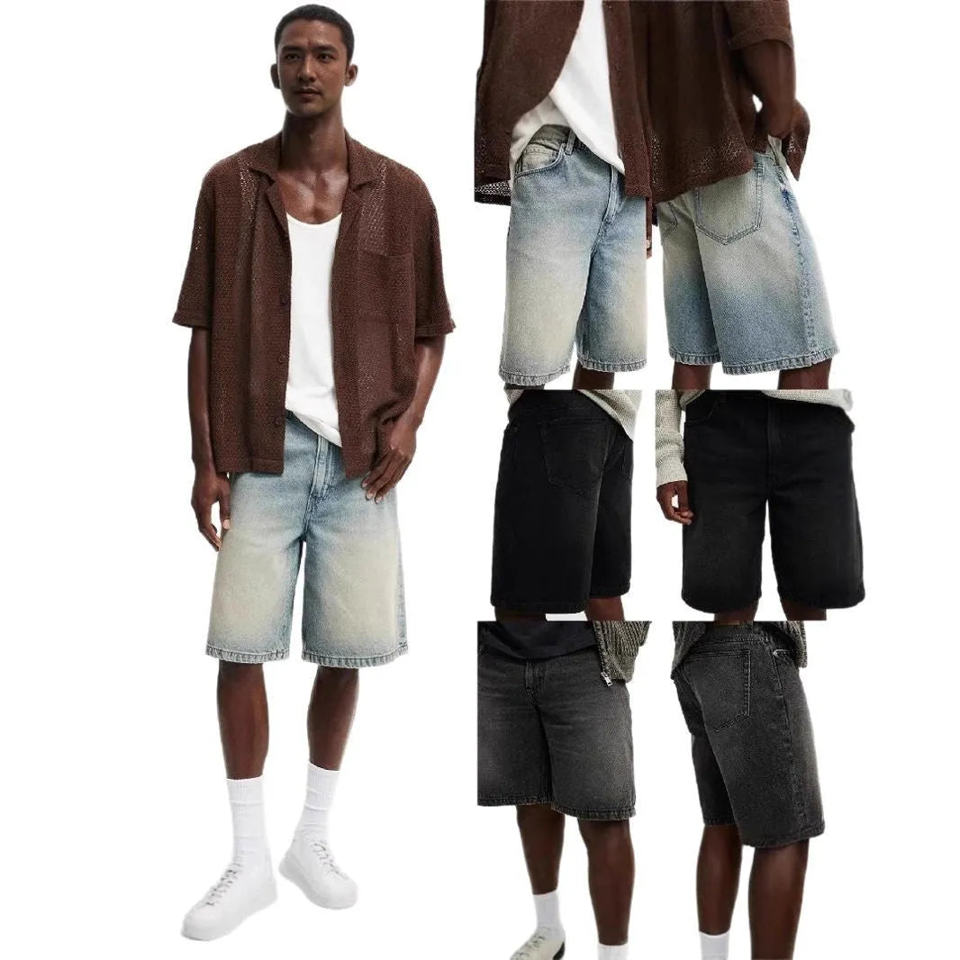 Men's loose straight-leg light blue jeans on a neutral background