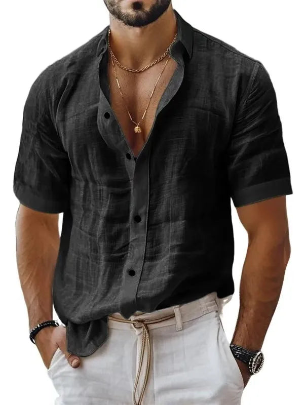 Men's short sleeve lapel shirt in polyester blend fabric showing cardigan style and lapel collar