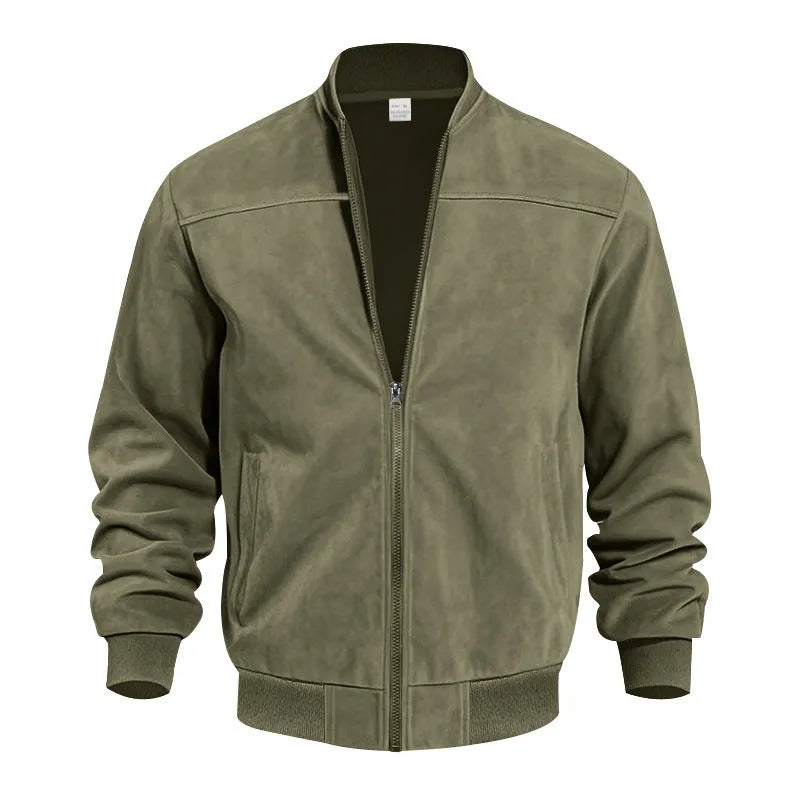 Men's plus-size suede jacket in Army Green with a front zipper and regular fit.