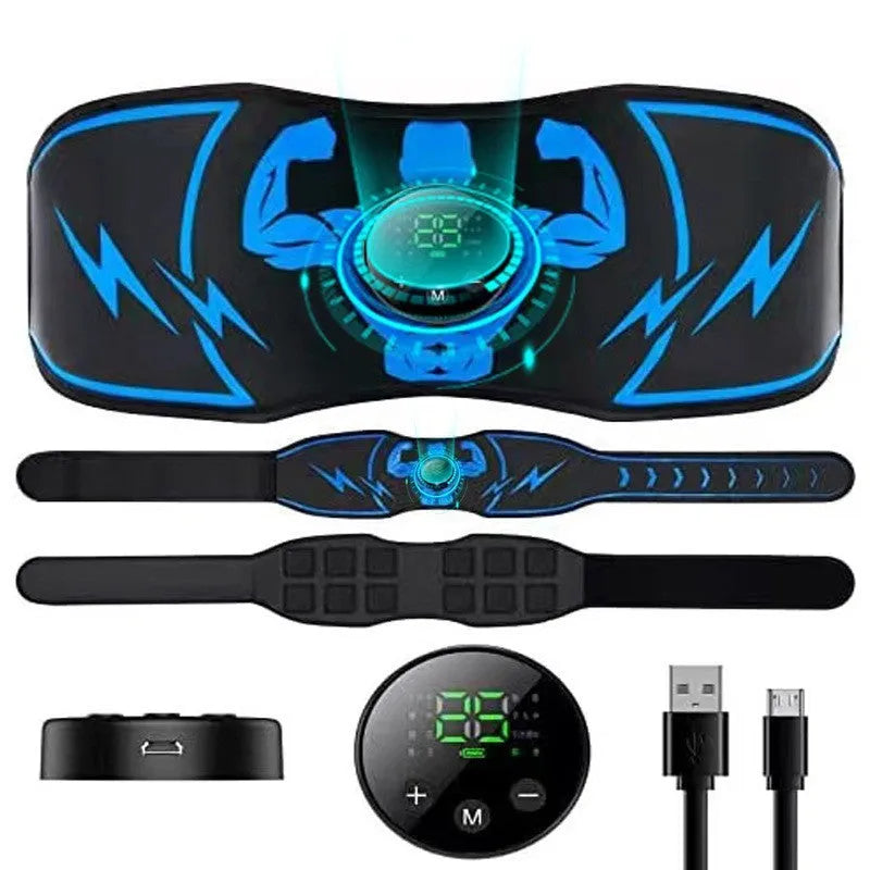 Blue EMS abdominal slimming belt with wireless remote control and electrotherapy stickers