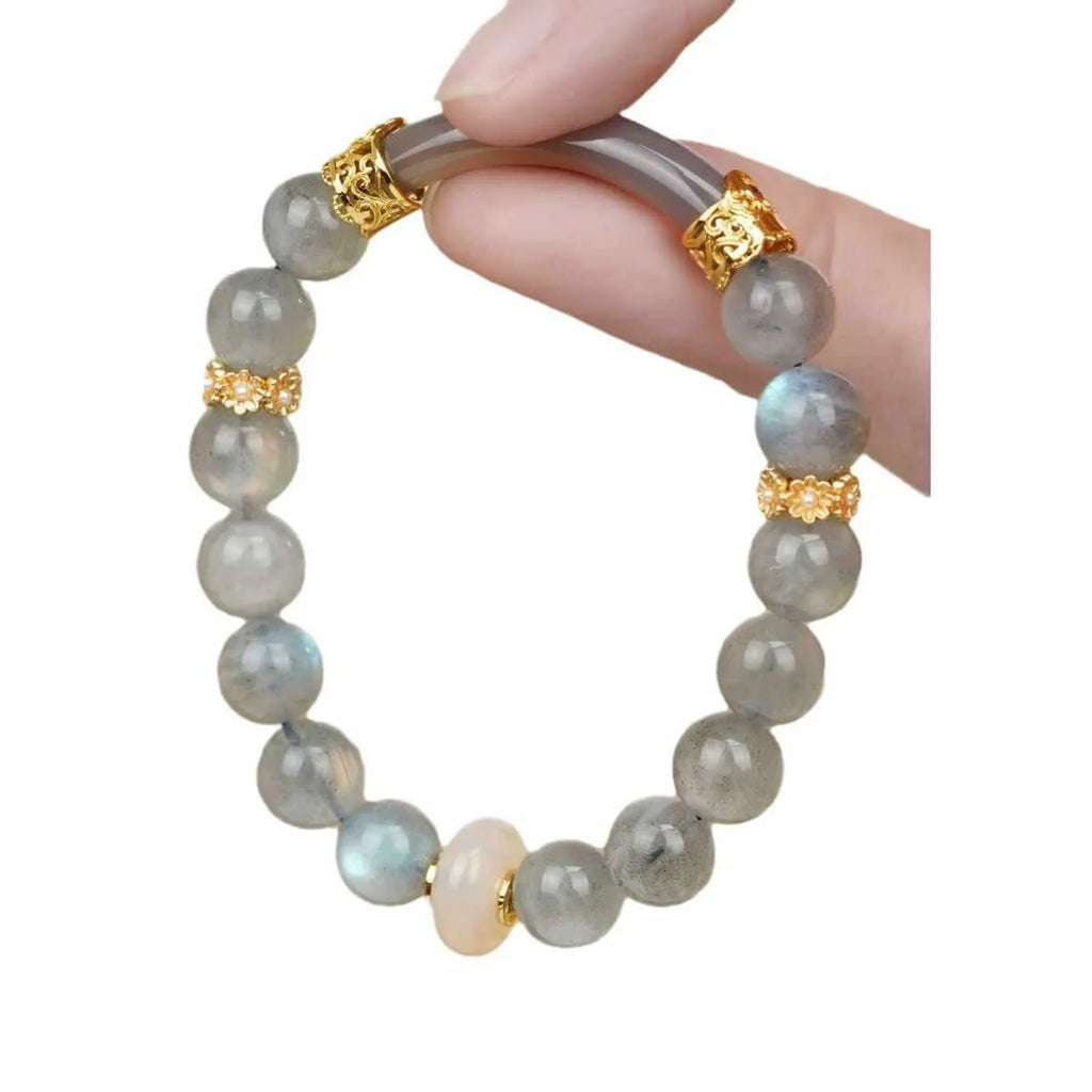 Gray moonstone women's half bracelet with 8mm round beads on wrist