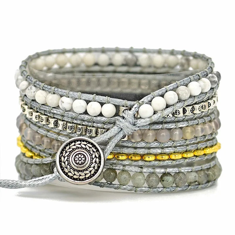 Natural stone beaded crystal watch band with bohemian styling and three adjustment holes for 38-41mm or 42-45mm lug widths