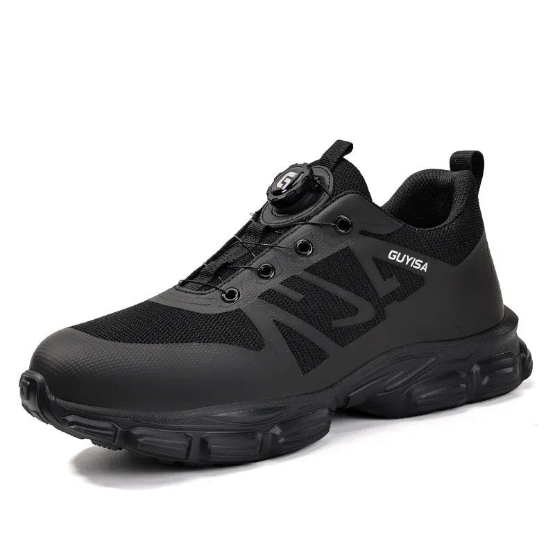 Black lightweight safety shoes with steel toe cap and anti-puncture sole for industrial work