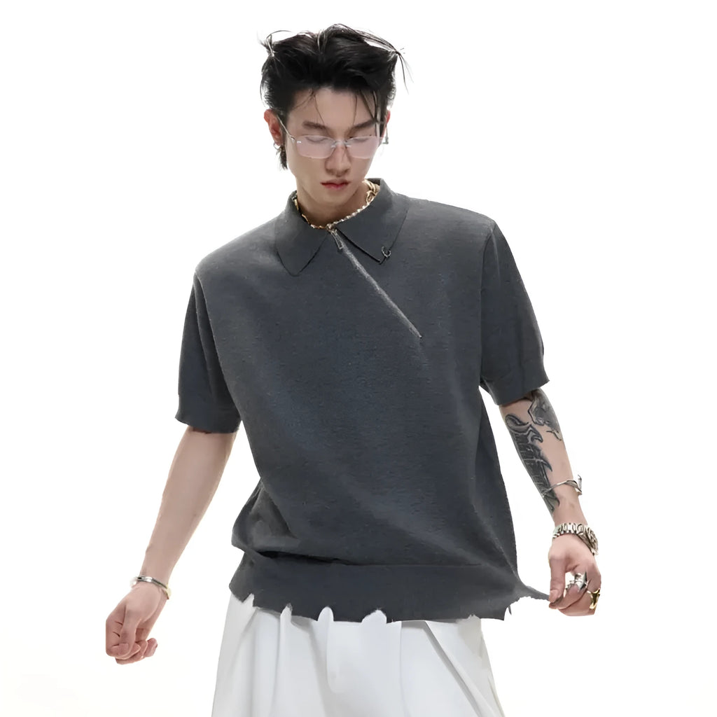 Ice-feel slim fit knitted polo shirt with oblique zipper collar in black, grey or white