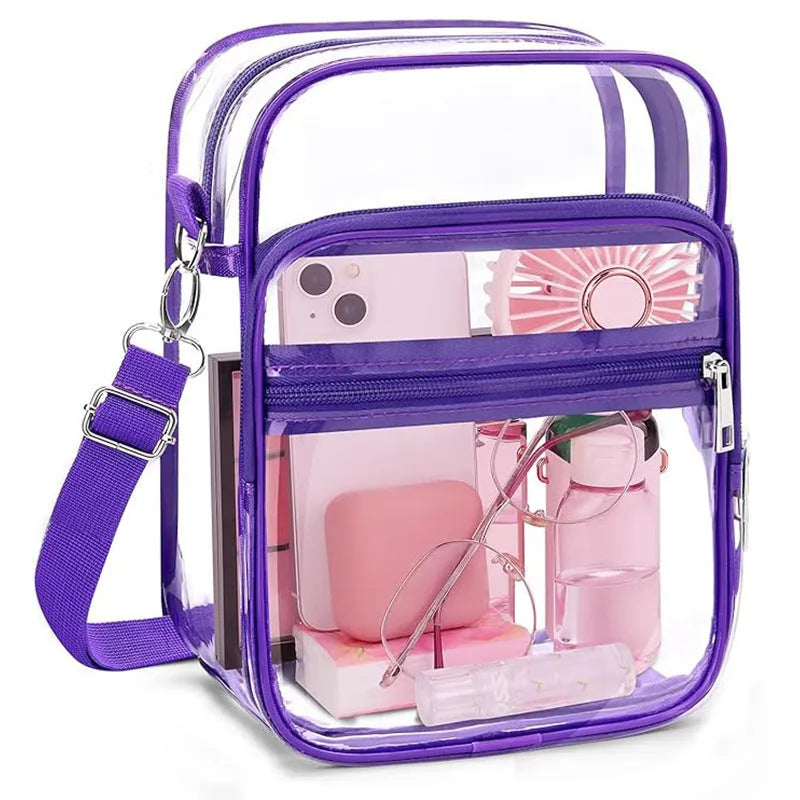 PVC waterproof crossbody bag in cube style design showing dimensions and colour options