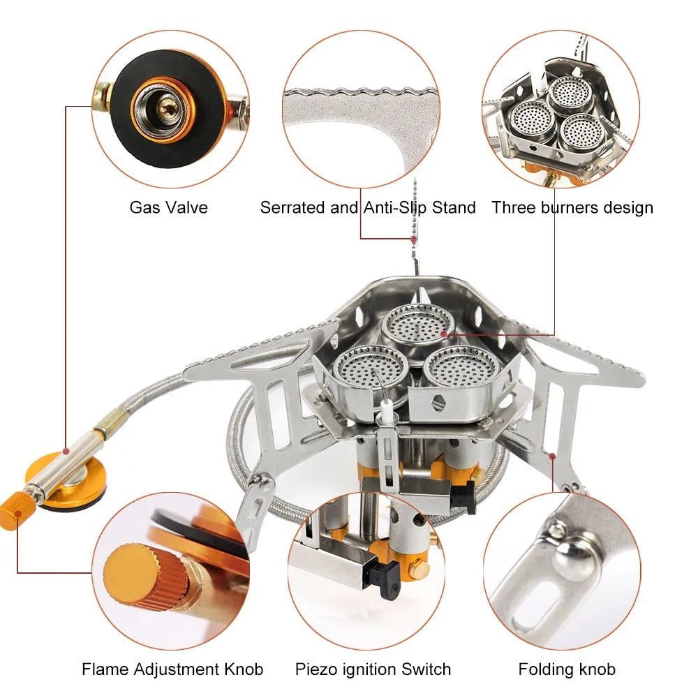 Foldable portable windproof split camping stove with aluminium fire tray and stainless steel frame on outdoor surface