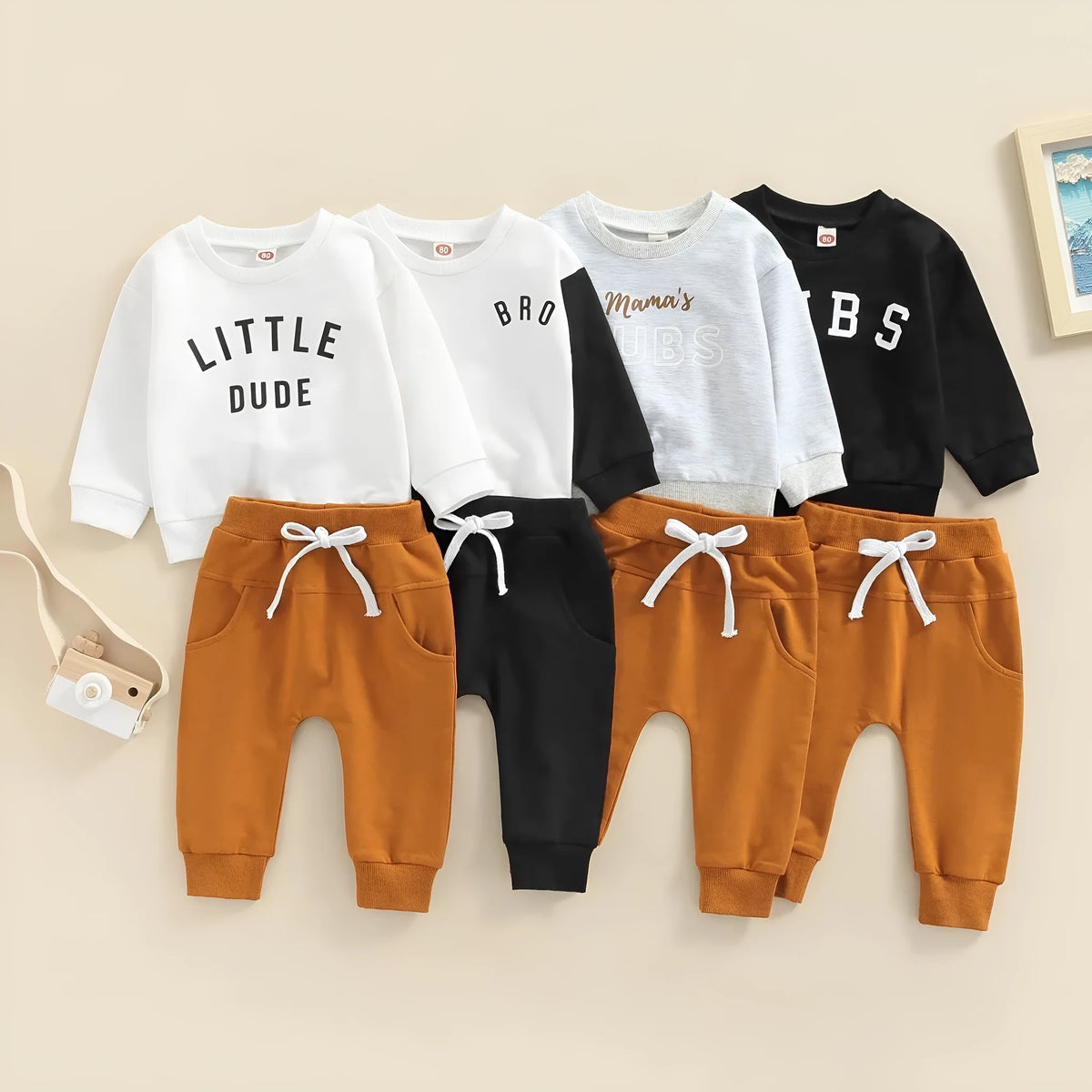 Boys' cotton letter print top and full-length trousers set in black, white or grey, sizes 70cm to 130cm