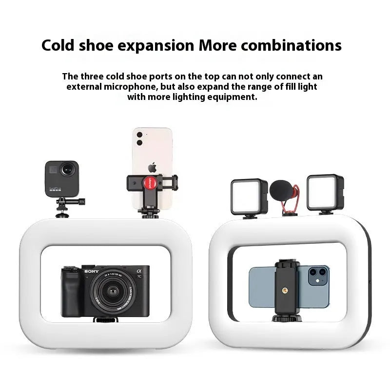 Rechargeable mobile phone fill-in light kit with adjustable colour temperature and desktop mounting bracket