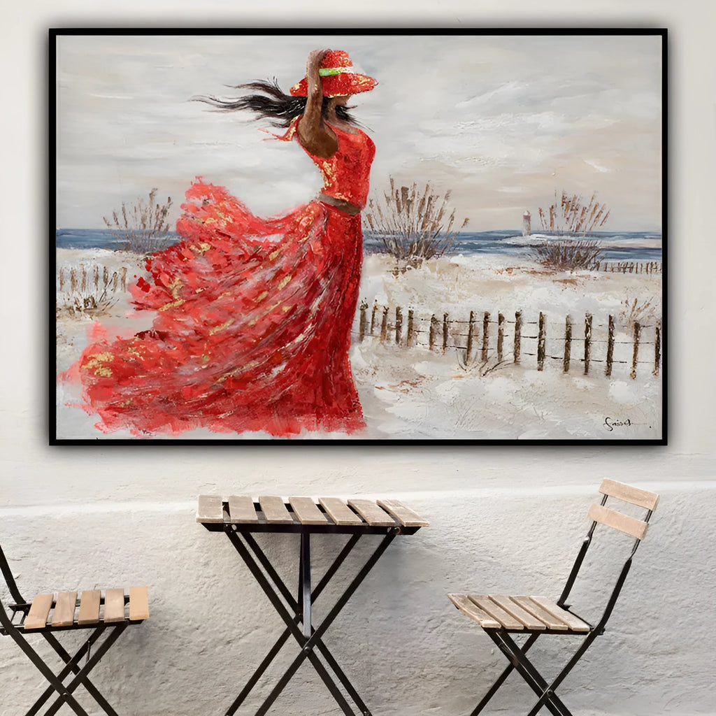 Hand-painted oil painting on canvas of a girl in a red dress, seaside abstract people design, rolled and unframed wall art.