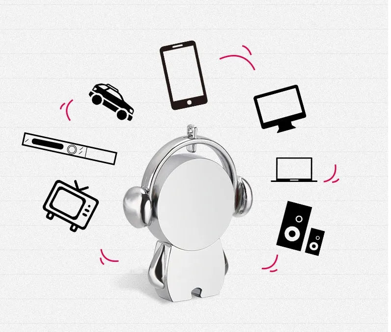 Creative metal USB flash drive with cartoon musician and car design in silver or rose gold colour