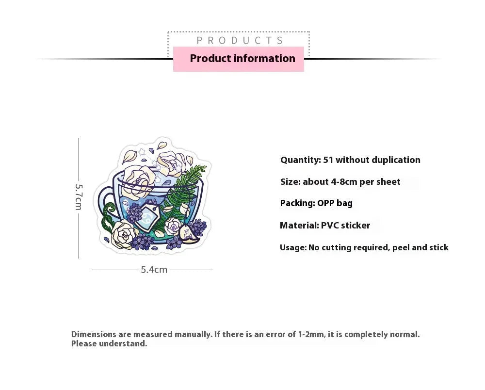 Pack of 50 colourful tea cup graffiti design waterproof stickers for DIY scooter and luggage customisation.