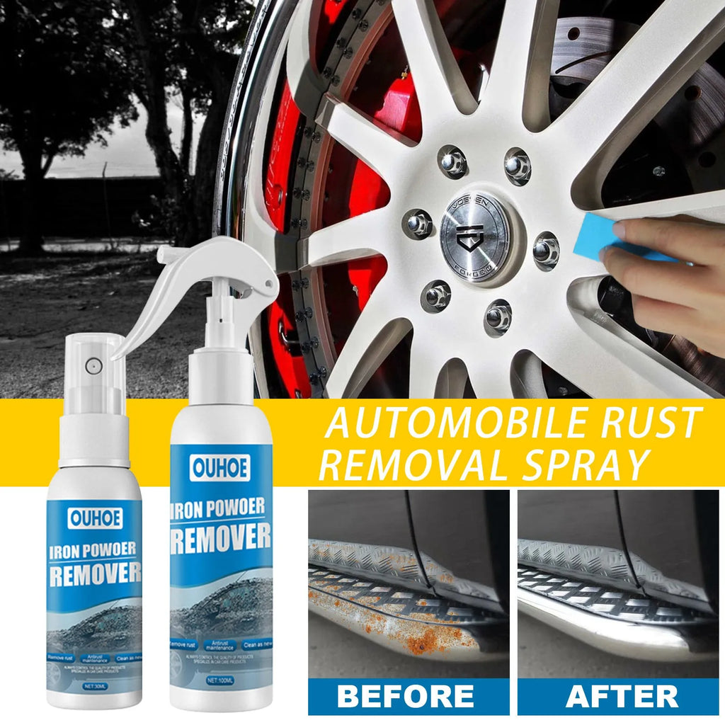 Automotive iron powder rust remover spray bottle in 30ml or 100ml size with blue sponge or towel applicator.