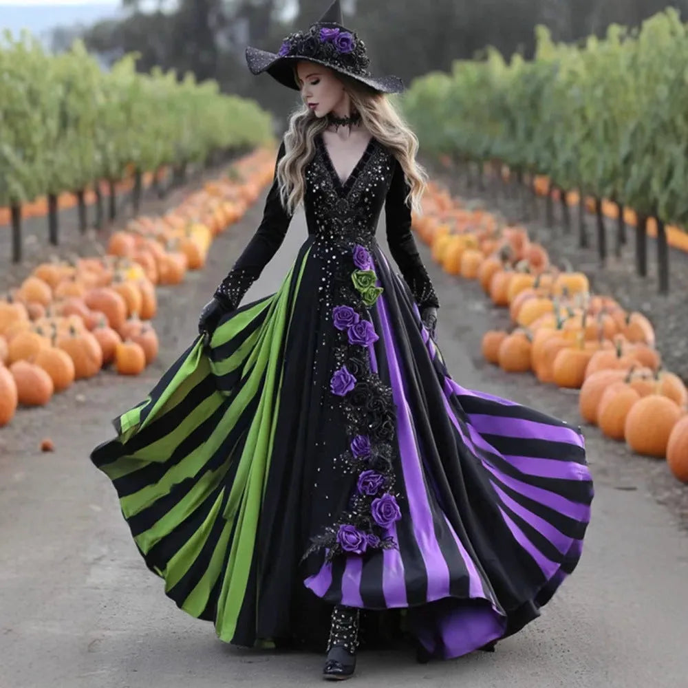 V-neck long sleeve swing dress in green and purple with asymmetric hem, women's pullover style