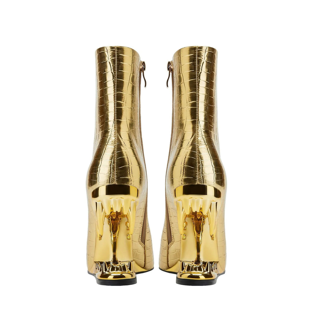 Gold women's pointed tiger tooth heel wedge shoes with side zipper and rubber sole