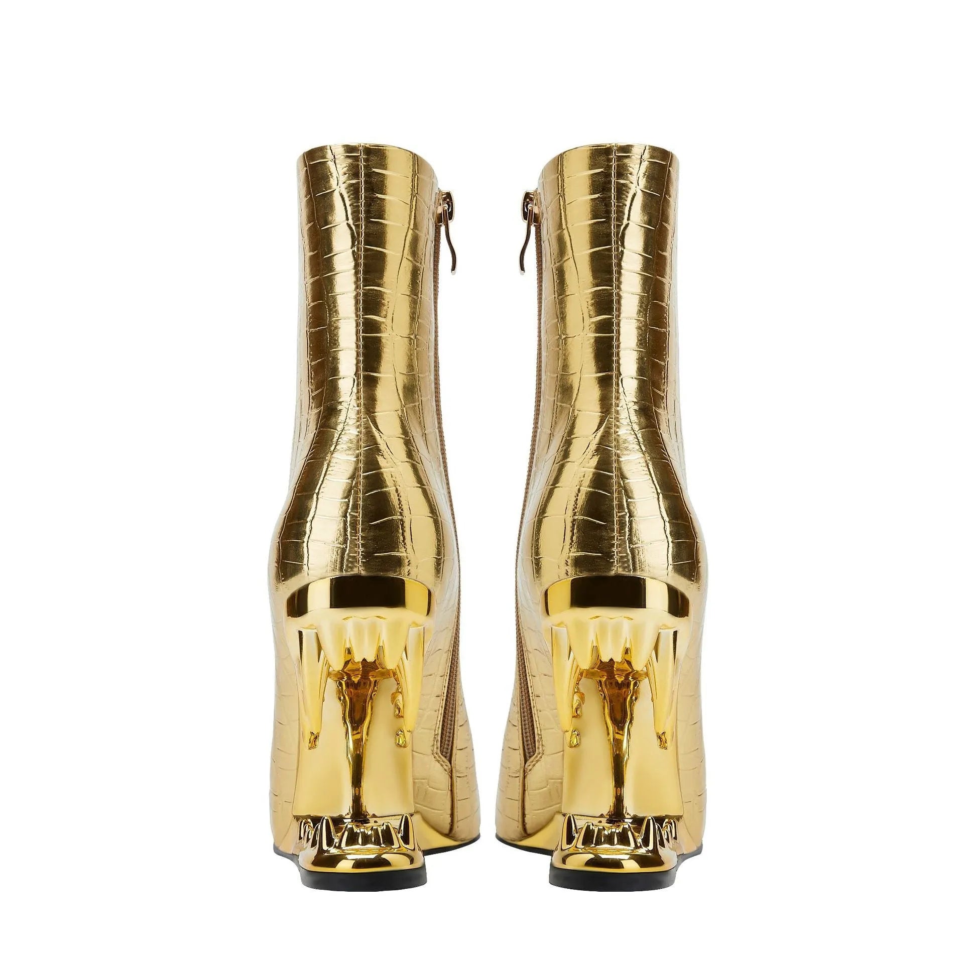 Gold women's pointed tiger tooth heel wedge shoes with side zipper and rubber sole