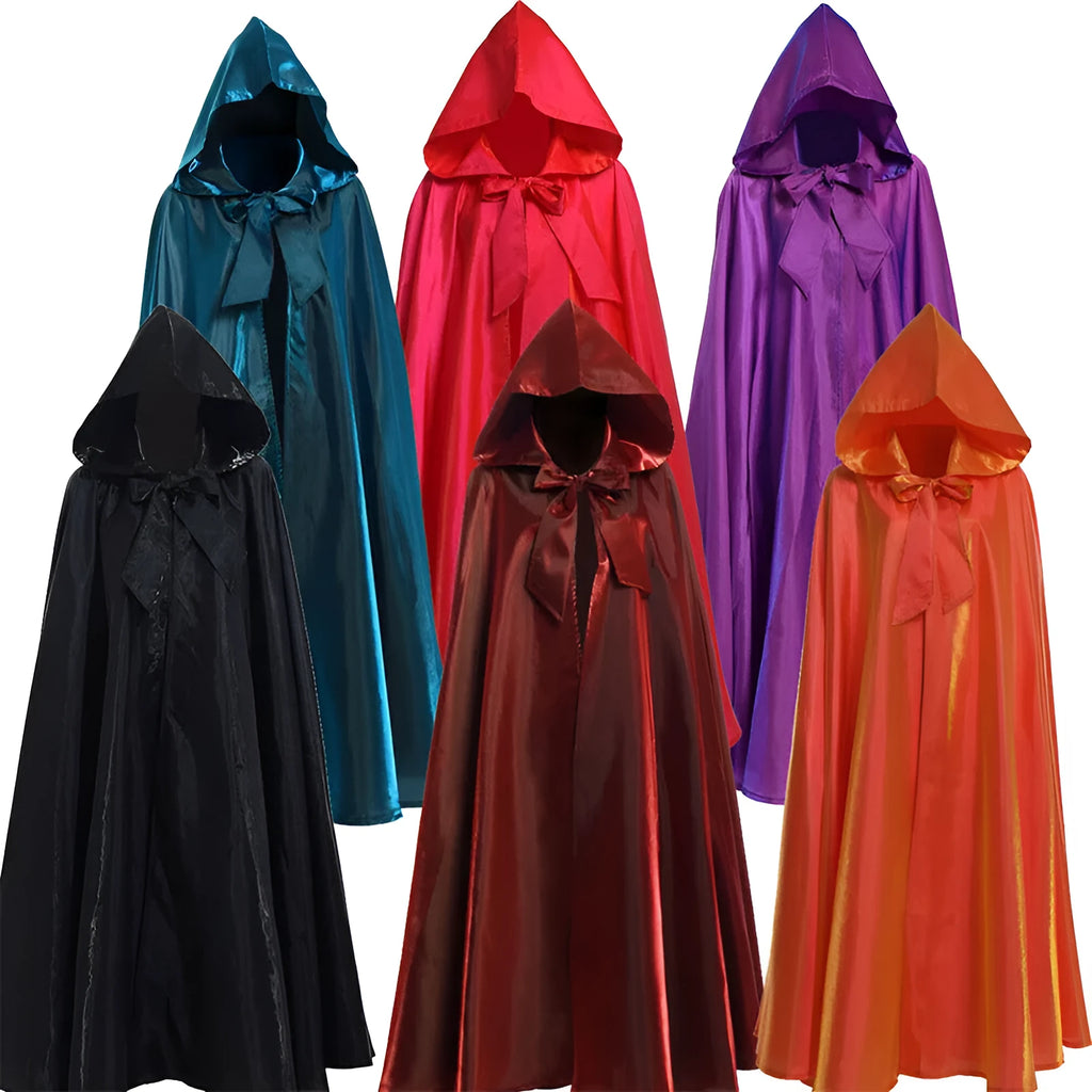 Medieval cloak wizarding robe Halloween costume in red purple green black brown orange, sizes S-XXL