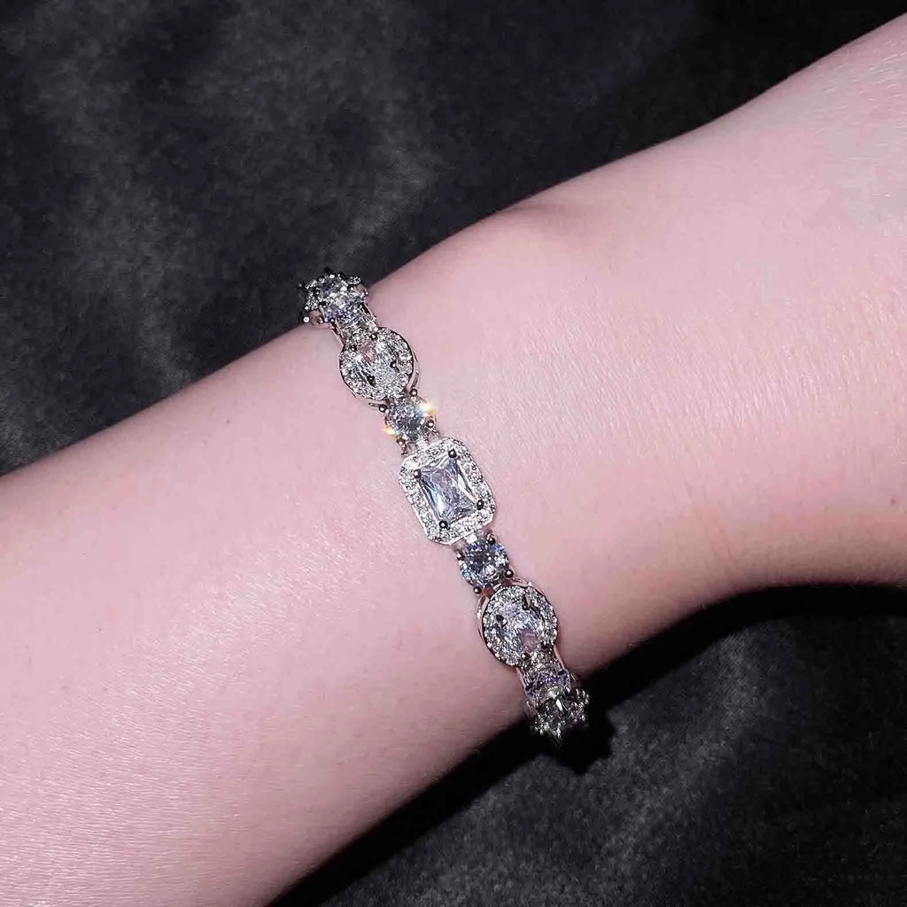 Women's geometric zircon bracelet, copper and white gold plated, 16+3cm or 18cm