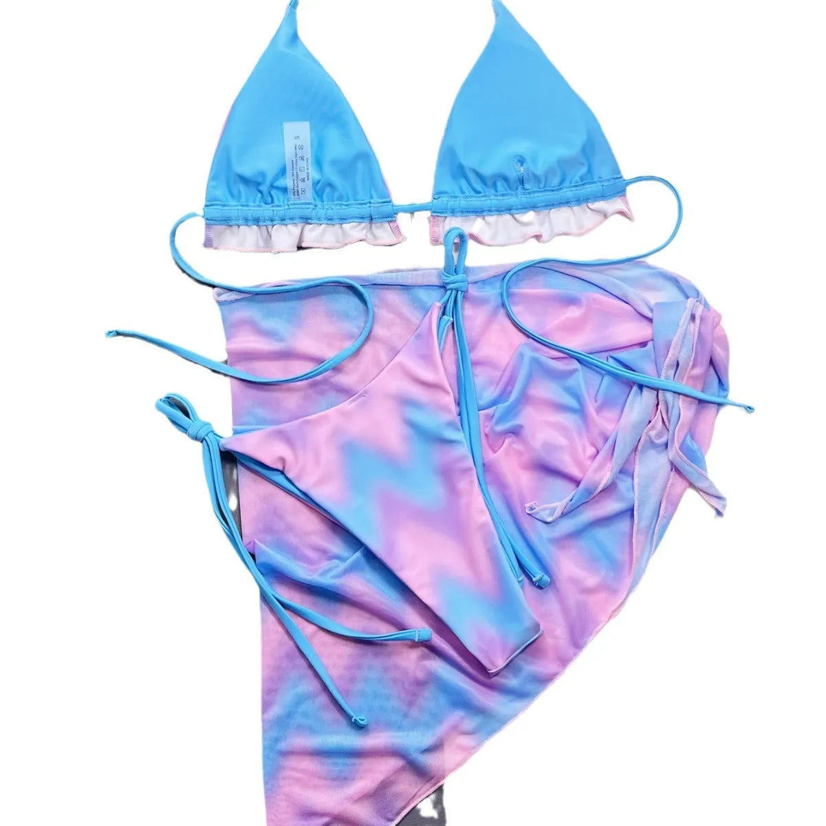Women's tie-dye pattern bikini swimsuit with skirt, bra, and panties in picture colour