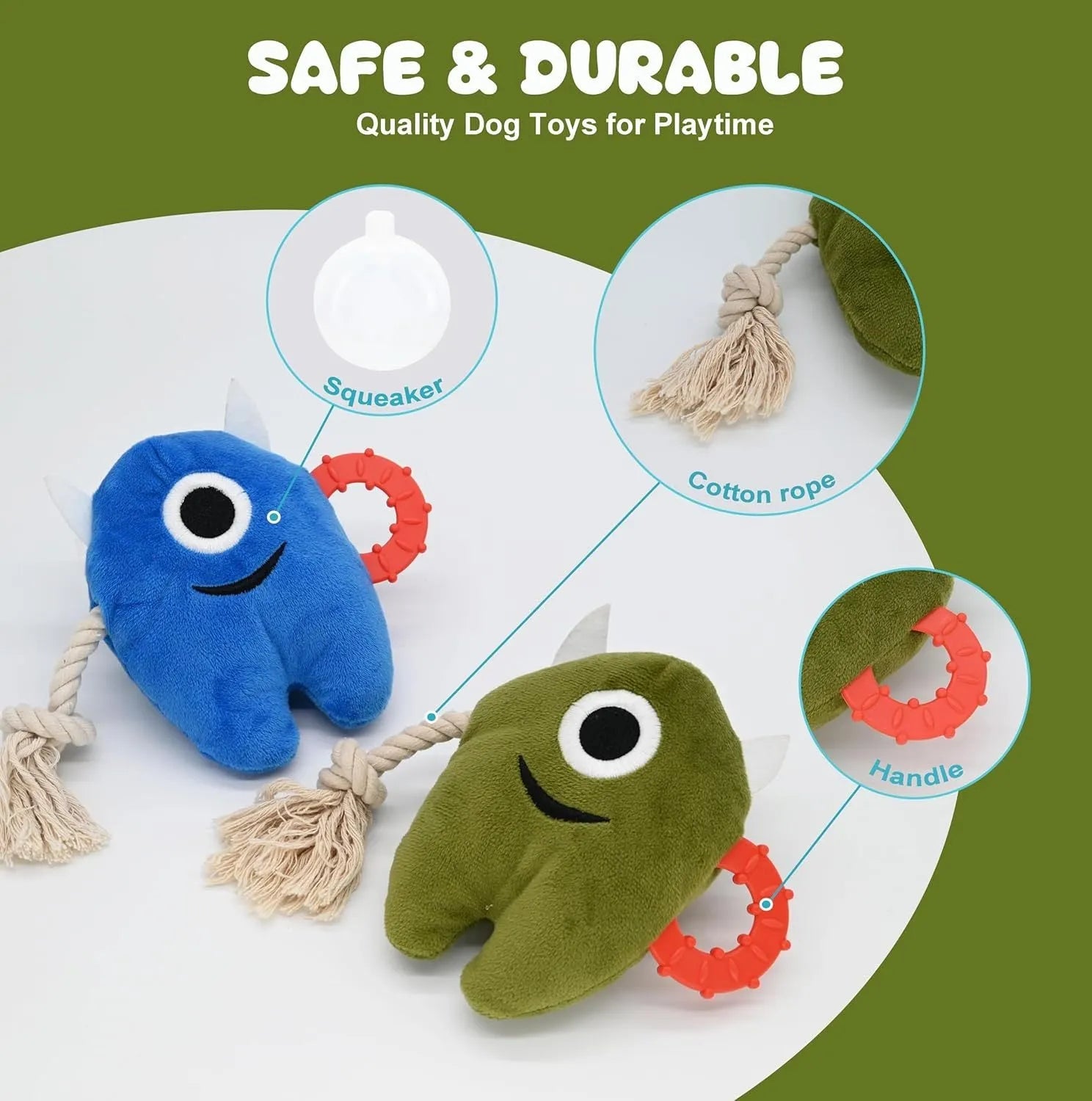 Blue and green stuffed plush dog toy with cotton rope sections and squeaker