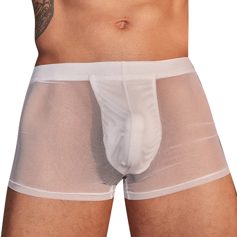 Black men's ultra-thin nylon boxer briefs laid flat, showing free-size stretch fit and minimal seam design.