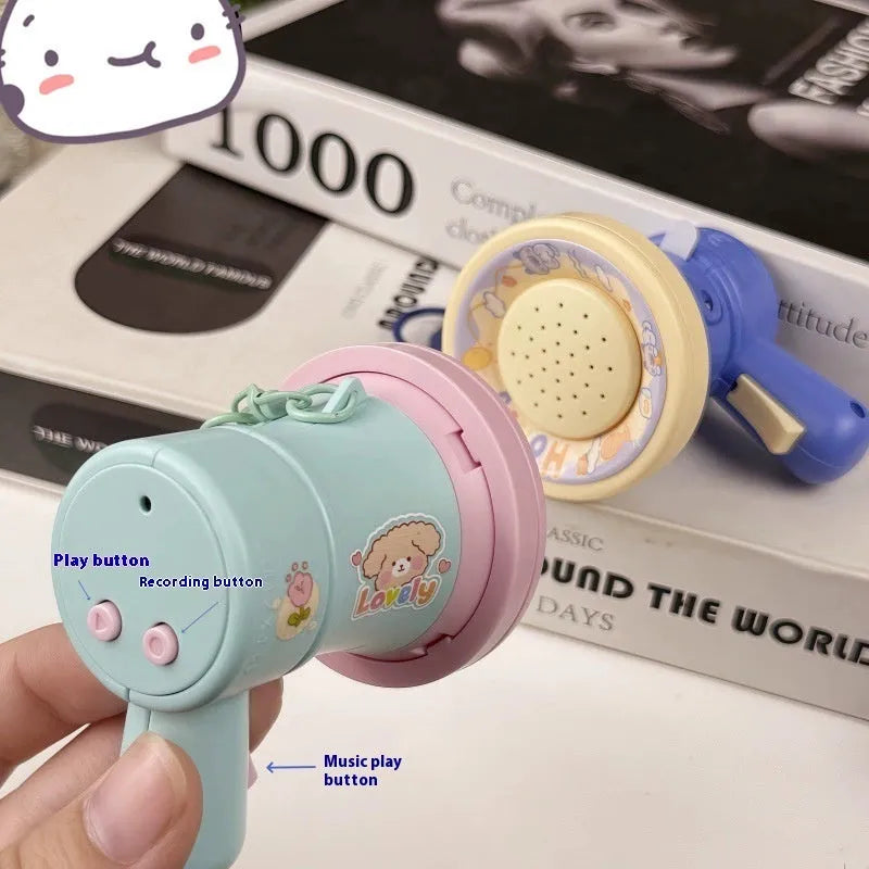 Green cartoon recording horn plastic keychain with integrated ring