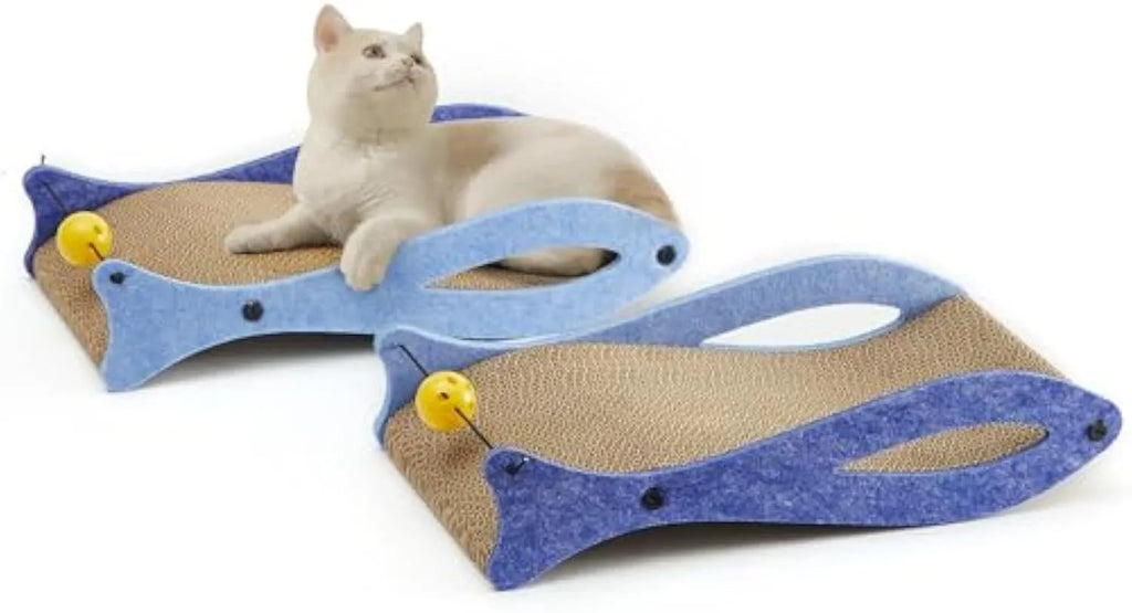 Blue fish-shaped cardboard cat scratcher lounge with a hanging red ball toy.