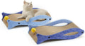 Blue fish-shaped cardboard cat scratcher lounge with a hanging red ball toy.
