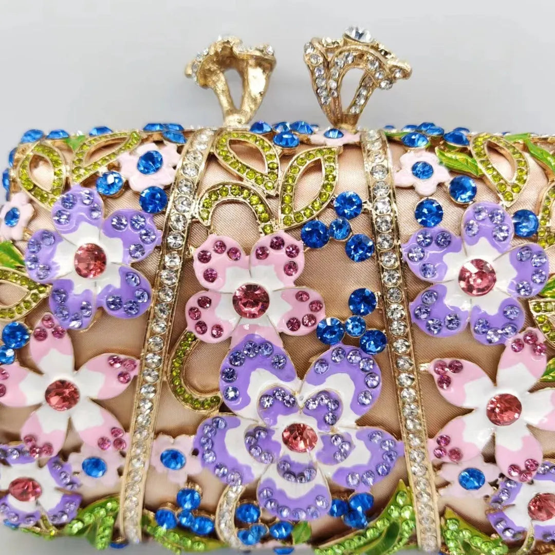 Gold oval metal evening clutch with enamel flower, hollow, diamond and dripping oil detail, 22 x 12 x 6 cm