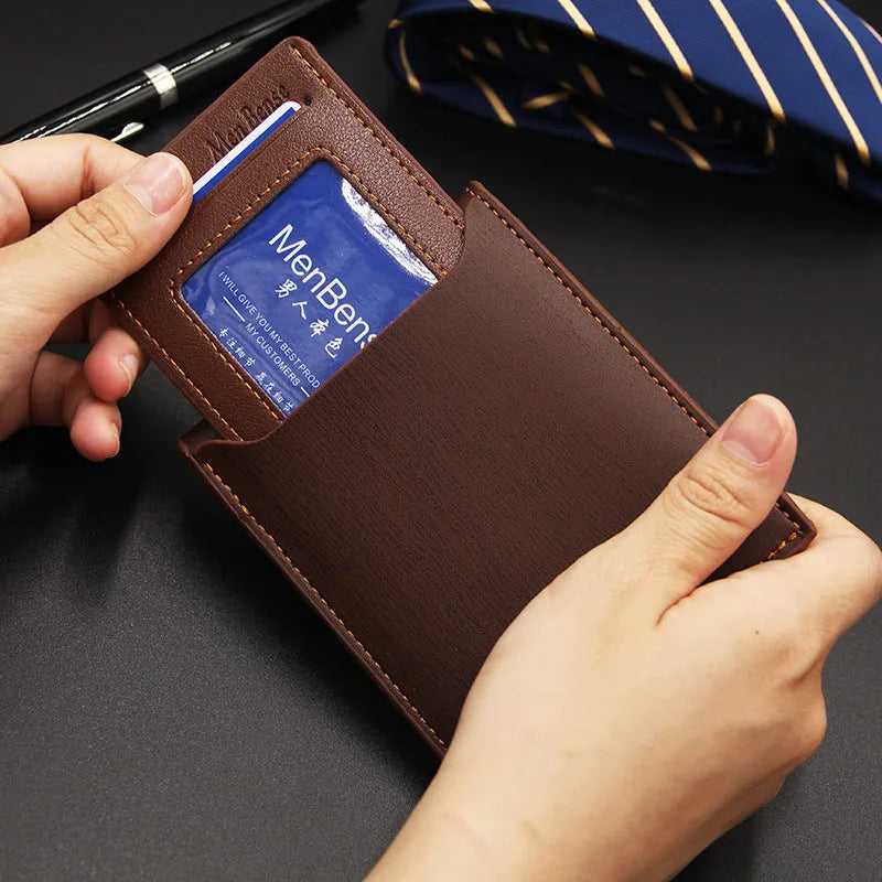 Men's black PU leather short wallet with iron-edge detailing and card-picking feature