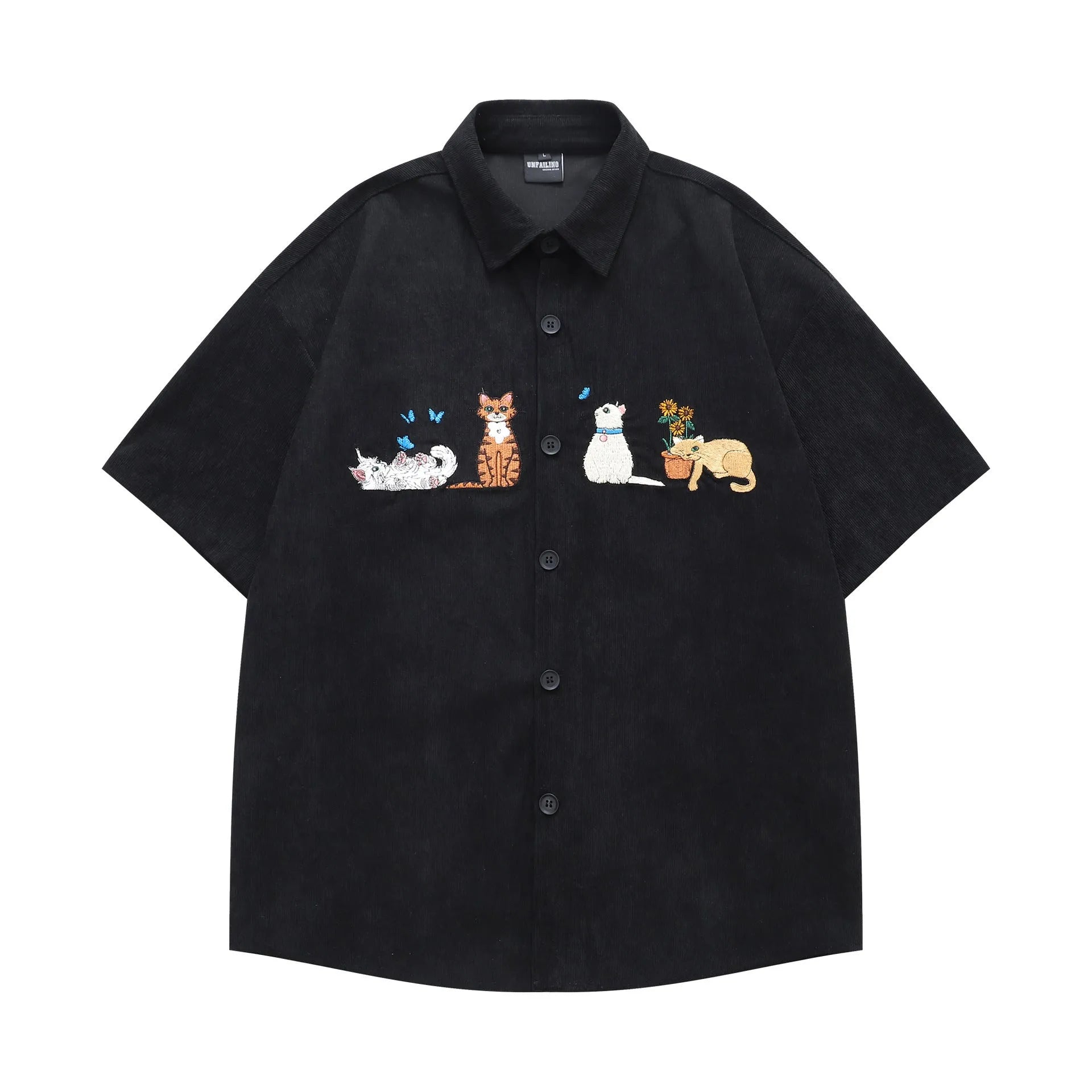 Loose fit cardigan shirt with embroidered cartoon pattern in polyester fabric