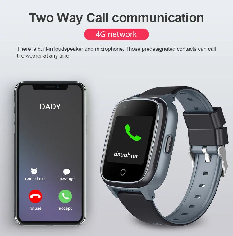 Black elderly positioning smart watch with 1.4 inch screen, plastic body, plus button, and wrist strap