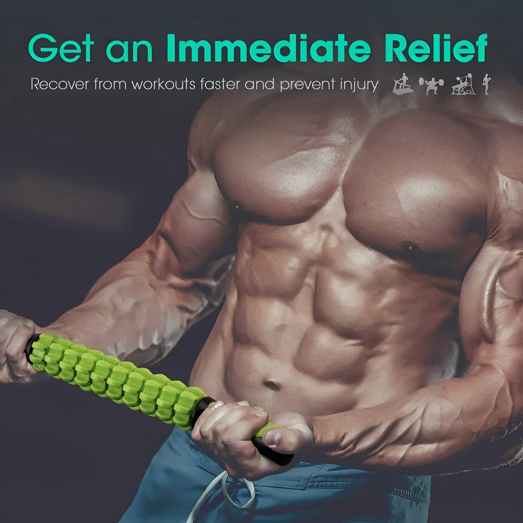 Fascia roller muscle relax massage stick with four convex round heads, ABS plastic, in green
