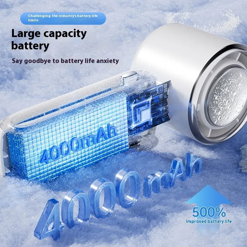 Blue folding handheld USB fan with hanging neck strap shown in open position.