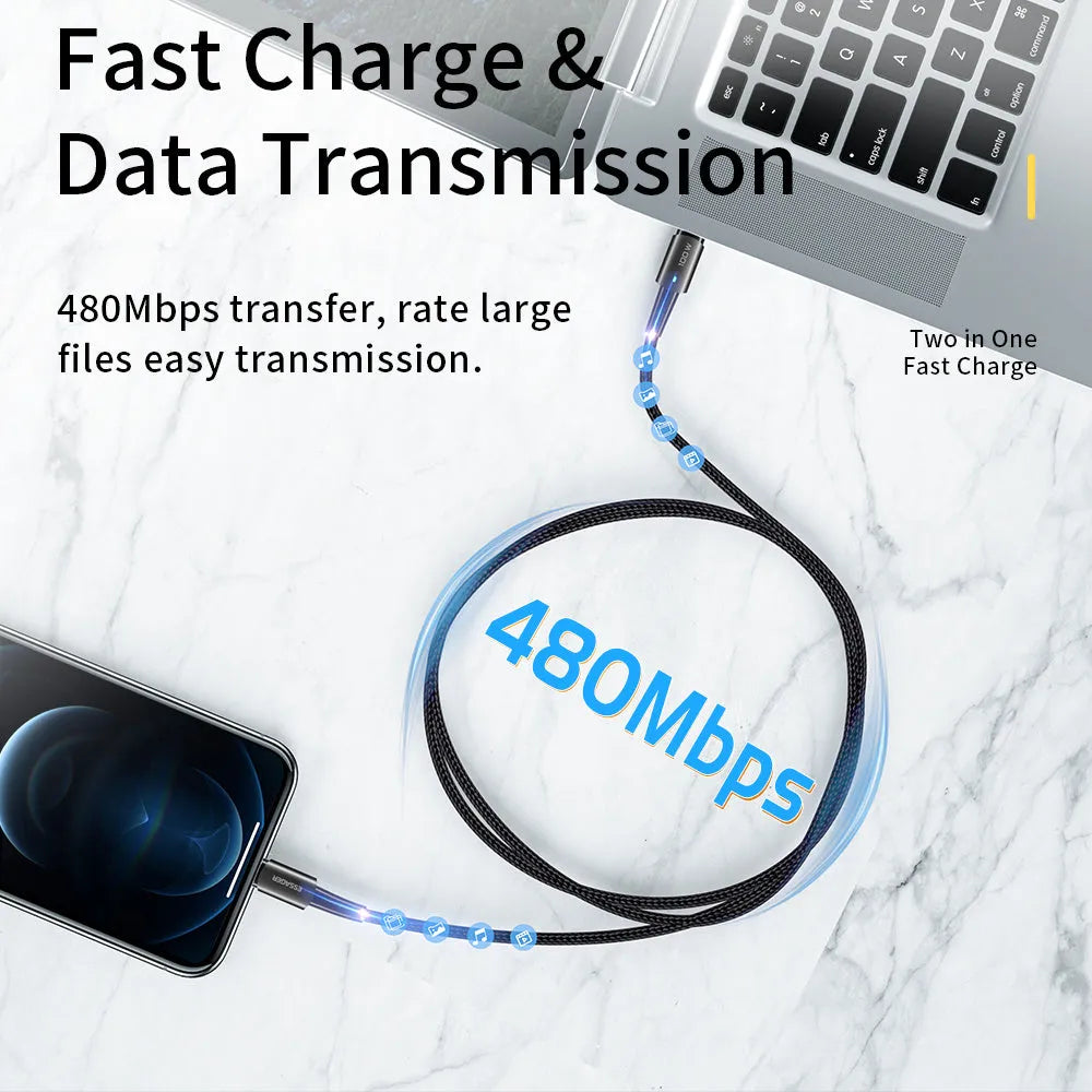 USB-C to Lightning fast charging cable with aluminium alloy connectors in black, showing length options.