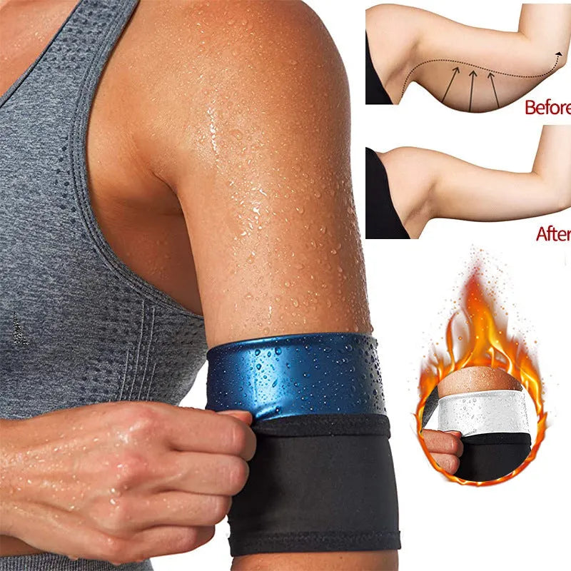 Adjustable arm shaping sweatband in blue with binding strap, shown on arm during exercise.