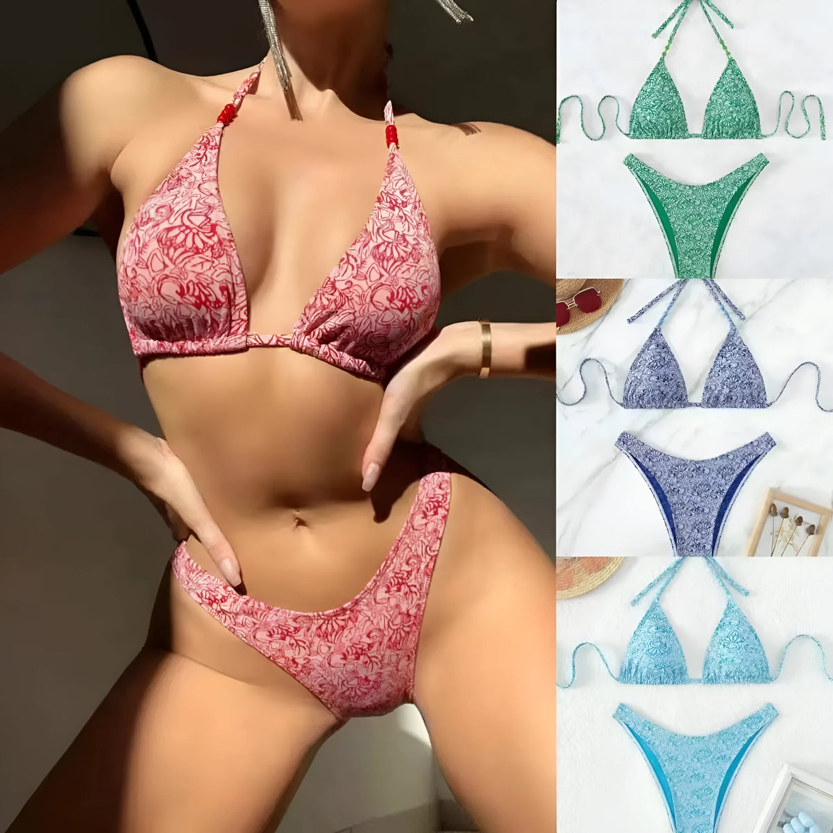 Women's floral halter bikini set in red, sky blue, sapphire blue or emerald green, polyester, sizes XS to L