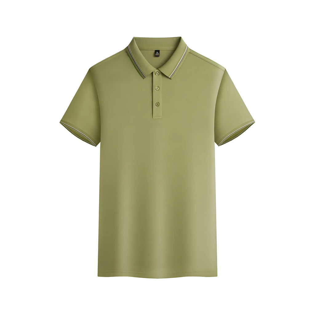 Men's solid colour short-sleeved polo shirt on a hanger, showing navy blue and bean green colour options.