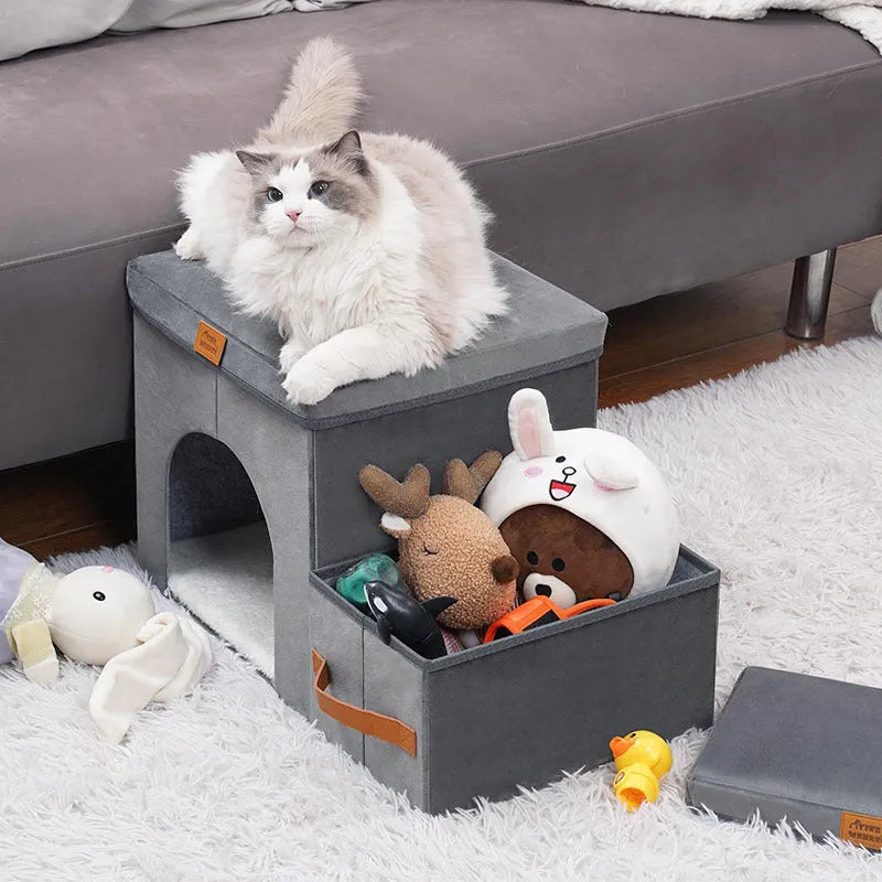 Foldable gray cloth pet storage stairs with two or three steps, placed next to a bed for dog access
