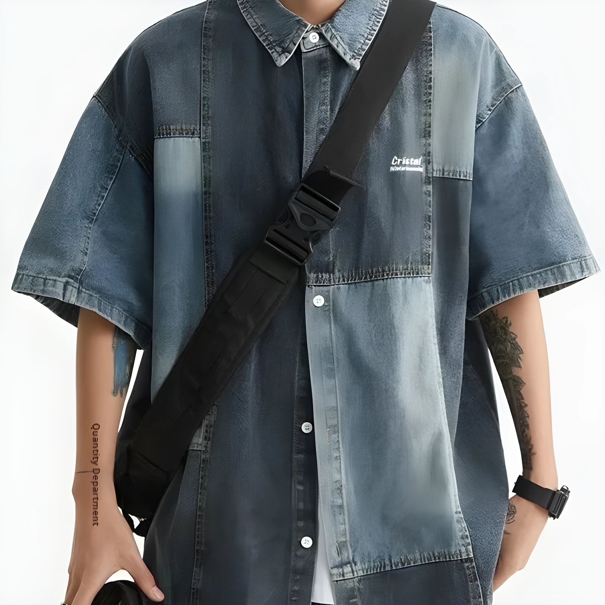 Blue Japanese-style retro denim shirt for men with loose cardigan fit and stitching detail