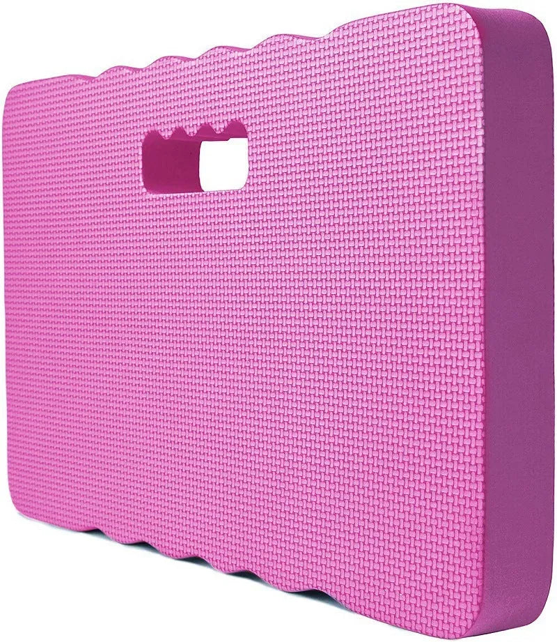 Blue EVA foam garden kneeler pad on grass, showing its 45cm length and 28cm width.