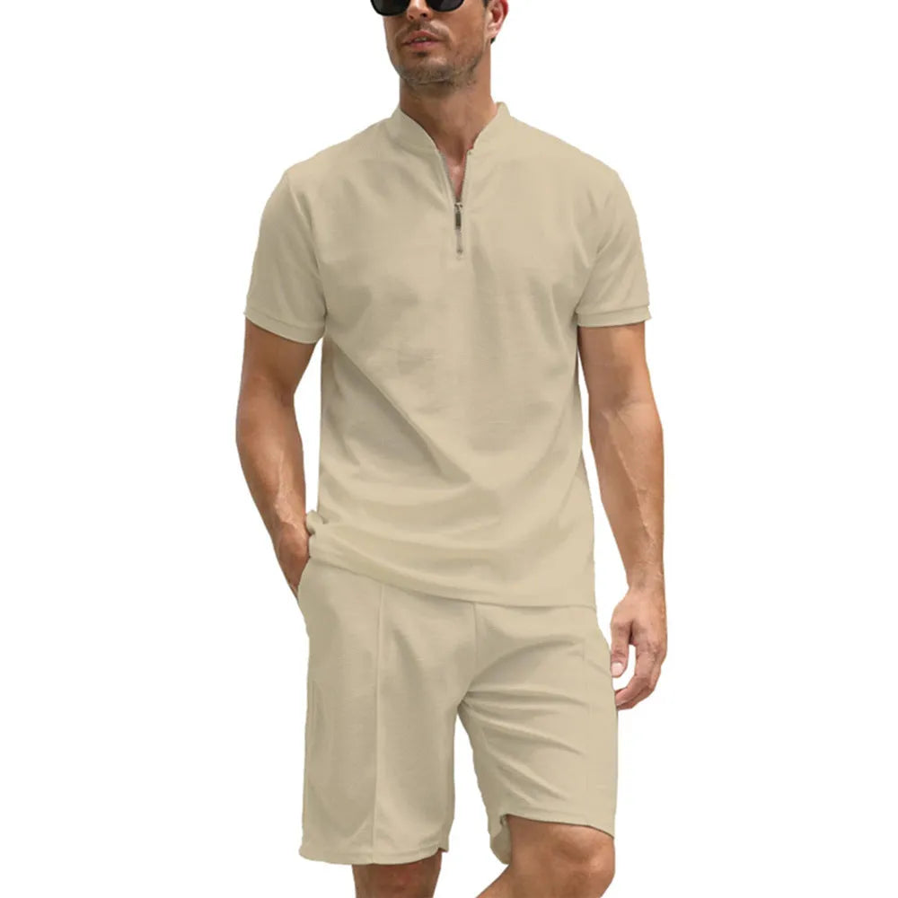 Men's solid colour beaded bird's eye polyester polo shirt suit two-piece set on a hanger.