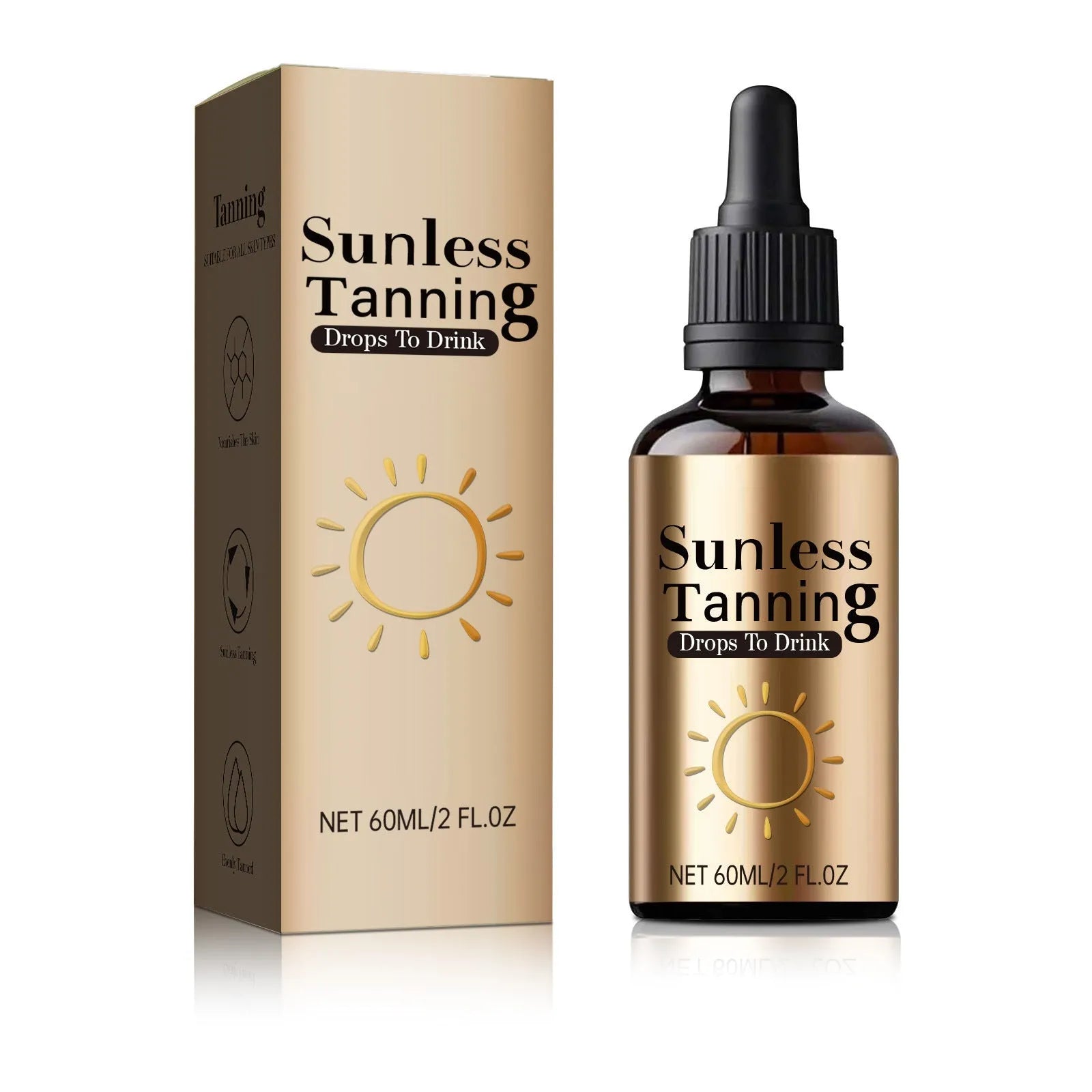 A black bottle containing 60ml of unisex oral drops for universal skincare.