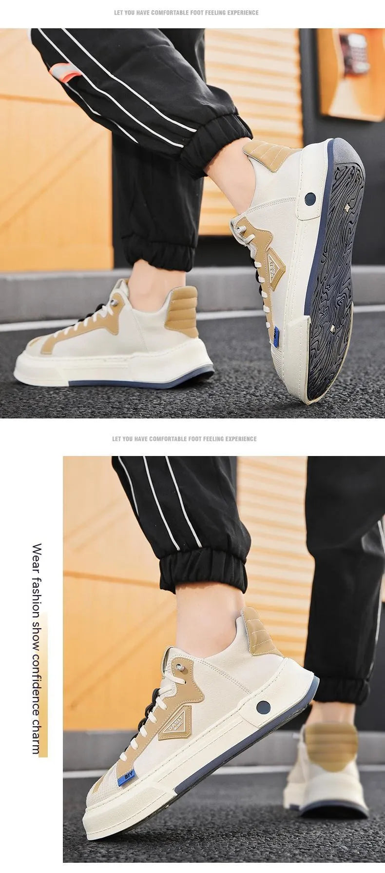 Men's beige and black low-top casual sneakers with an elastic band and round toe.