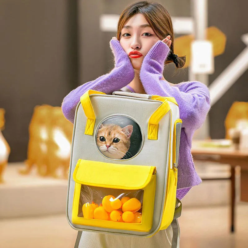 Large capacity breathable canvas pet backpack, 30x20x41cm, canvas leather mesh, two styles including five little yellow ducks