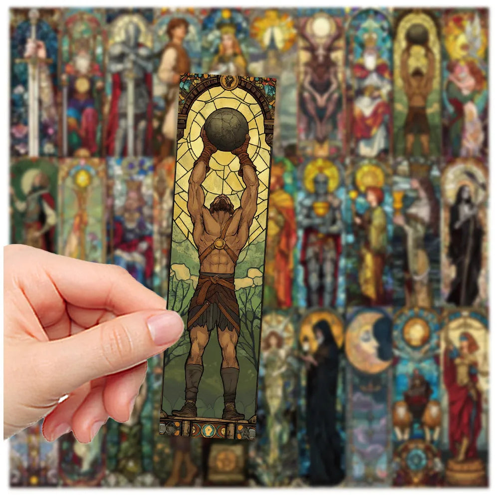Set of 30 painted glass tarot bookmarks with cute designs on paper, showing colourful illustrations