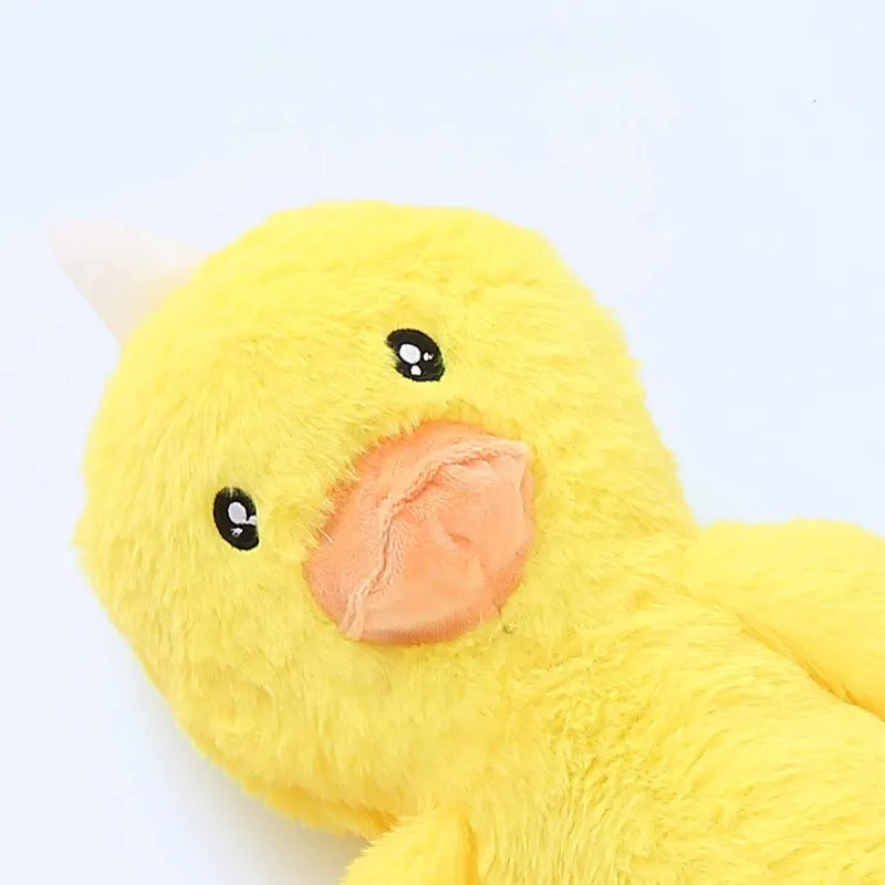 Large pink and yellow plush dog toy with interactive rattle and crinkle paper sound features