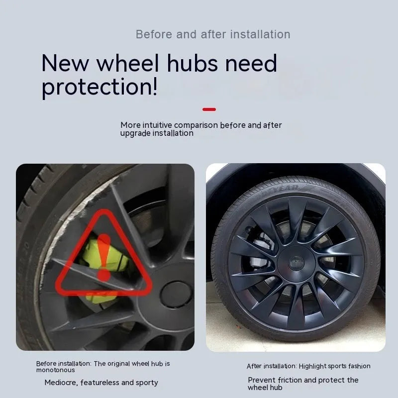 Set of four plastic wheel hub covers for a Tesla Model Y, showing colour options.