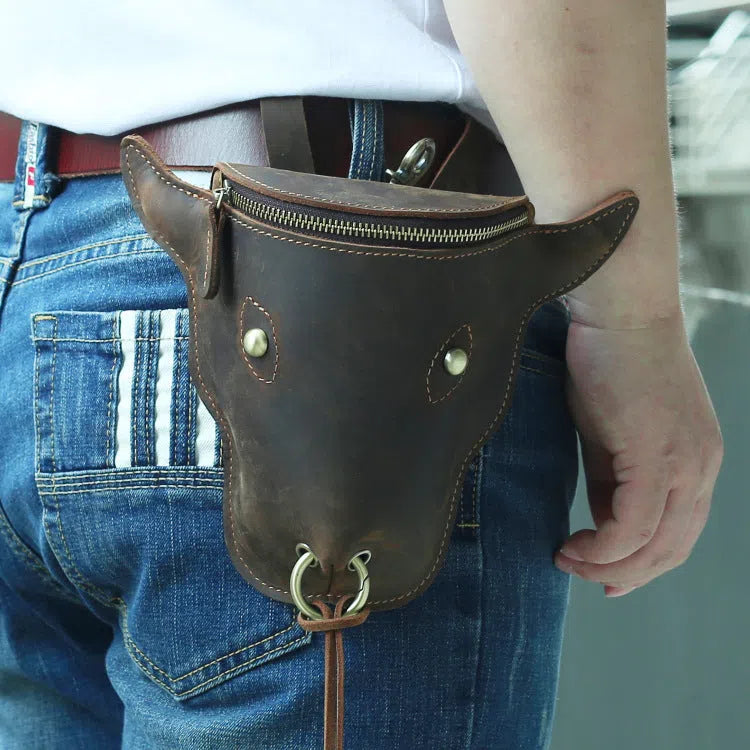 Men's belt ox-head waist bag mini size PU material solid colour black brown casual travel hands-free bag