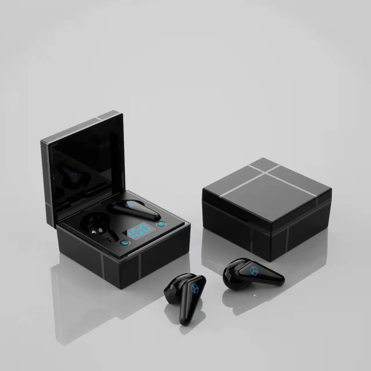 Blue and white Bluetooth gaming headset with a digital display on the ear cup.