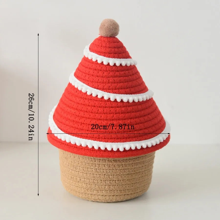 Christmas decoration storage basket in cotton thread with green Christmas tree colour
